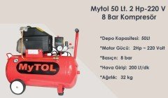 Mytol 2 Hp 8 Bar 50 LT Yağlı Kompresör