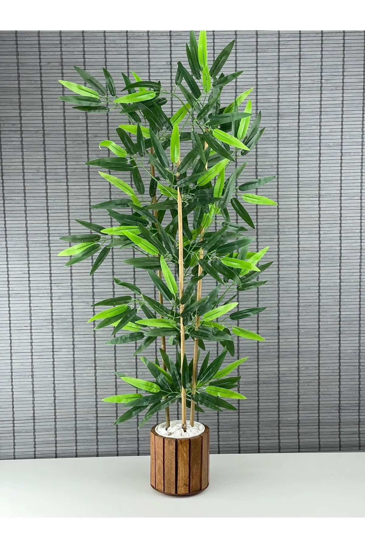 Ahşap Saksılı Yapay Yapraklı Bambu Ağacı 3 Gövde 90cm