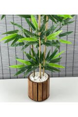 Ahşap Saksılı Yapay Yapraklı Bambu Ağacı 3 Gövde 90cm