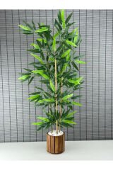 Ahşap Saksılı Yapay Yapraklı Bambu Ağacı 3 Gövde 110cm