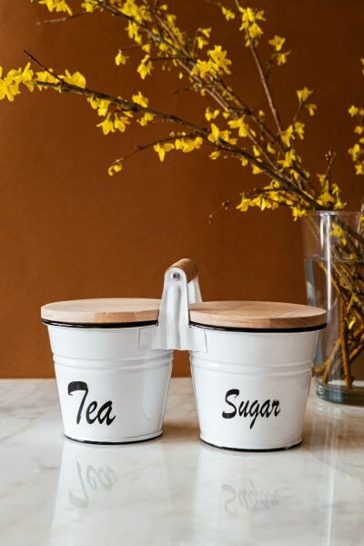2'li Tutma Kulplu Ahşap Kapaklı Çay ve Şeker Kavanozu Seti