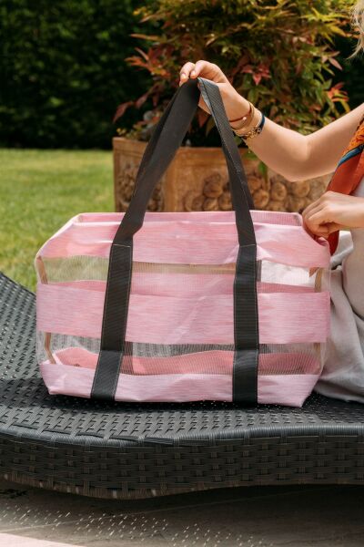 Boy Bag Kırçılı Pembe Çizgili Şeffaf XL Plaj Çantası
