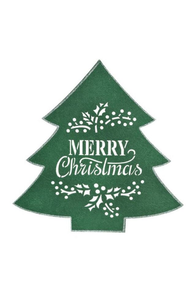 1 adet Yeşil Keçe Ağaç Şeklinde ''Merry Christmas'' Yazılı Simli Noel Suplası & Amerikan Servisi 35 cm