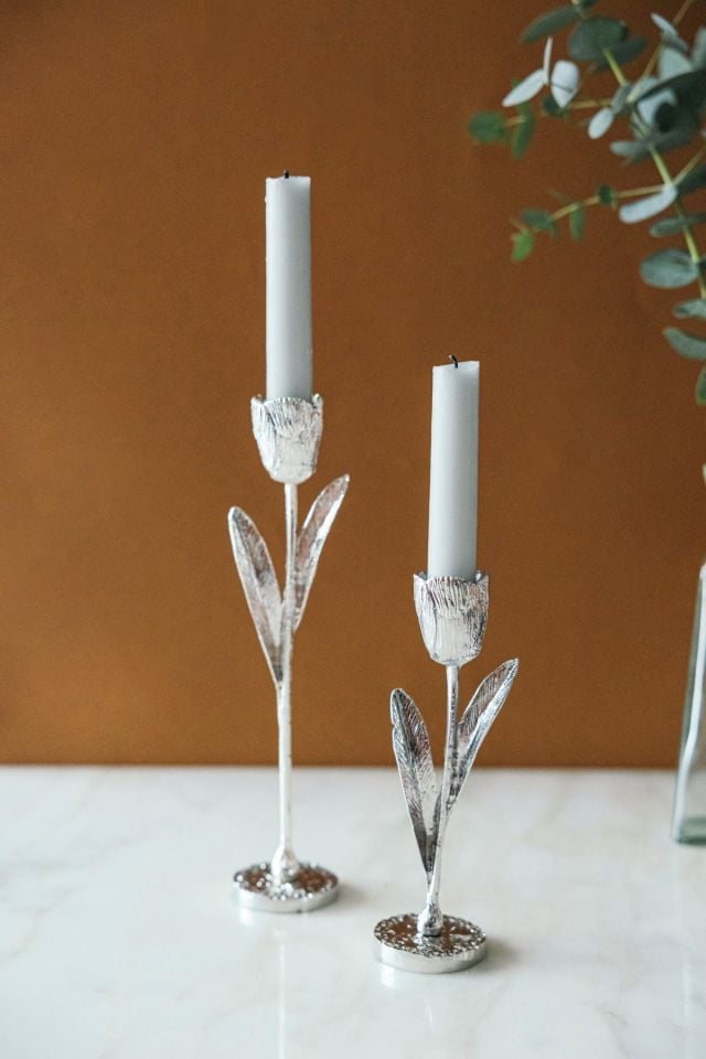 2'li Elegant Botanica Gümüş Yapraklı Mumluk Seti