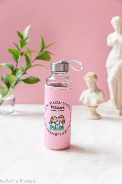 Pembe İkizler Burcu Kılıflı Cam Matara 400ml