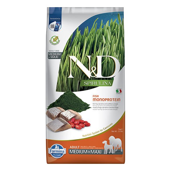 N&D Spirulina Ringa Balıklı Medium Maxi Yetişkin Köpek Maması 7 Kg