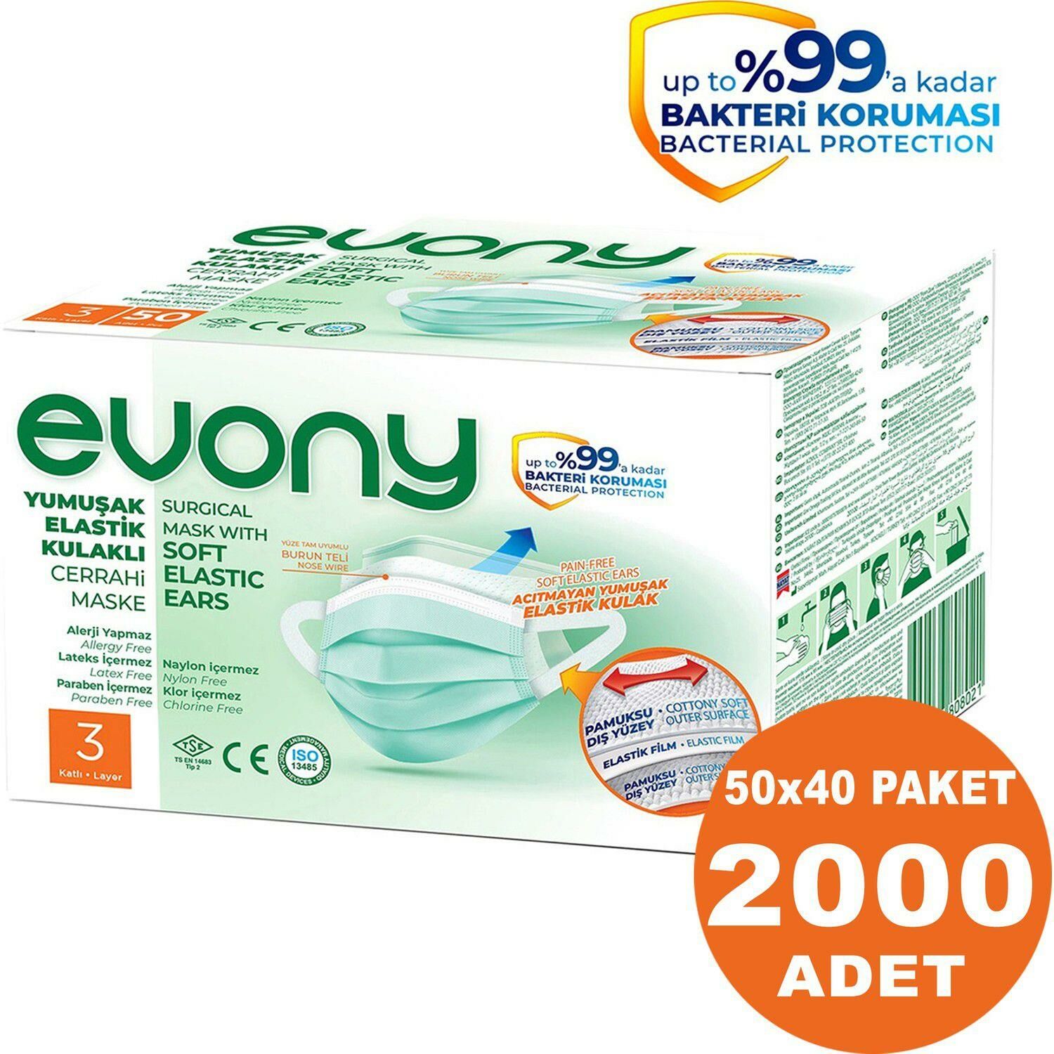 Evony Yumuşak Elastik Kulaklı Cerrahi Maske 2.000 Adet (50 X 40 Paket)