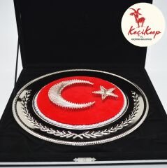 Gümüş Yuvarlak Filografi Türk Bayrağı (Siyah Plaket Kutulu)