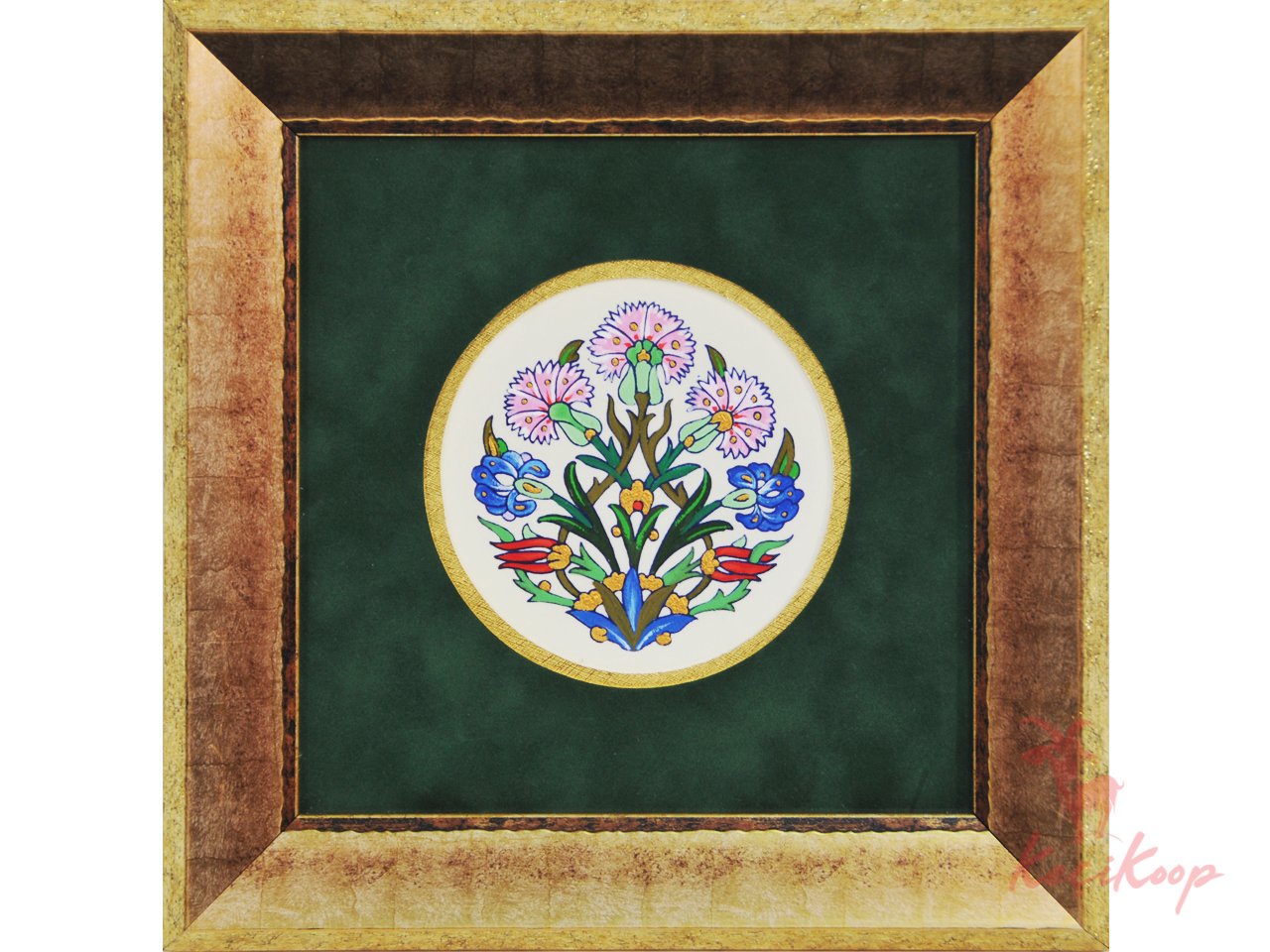 İpek üzerine çiçek tasarımı ( Yeşil kadife paspartu )