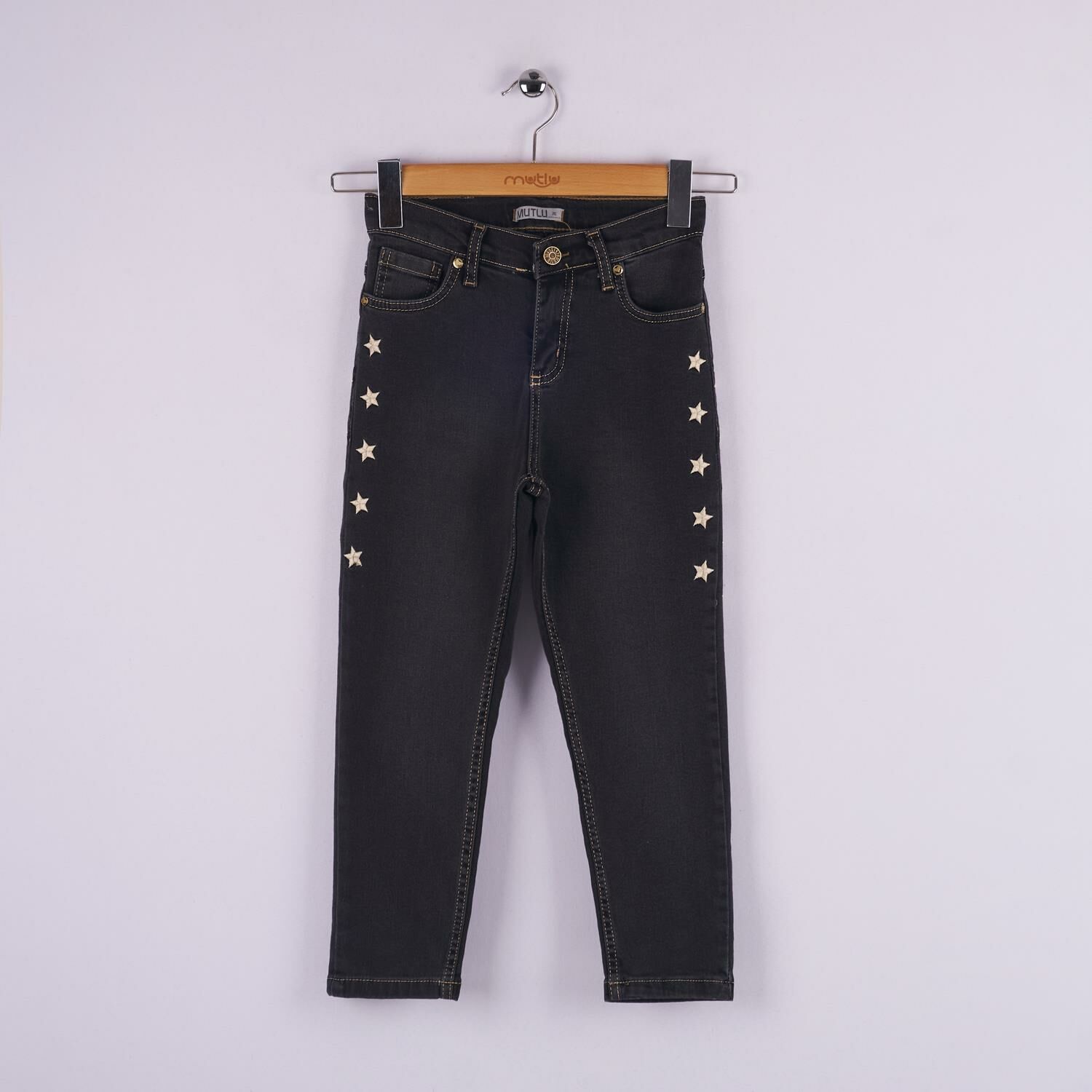 Mutlu Kids Yıldız Nakışlı Kız Çocuk Kot Pantolon Füme - 8 Yaş