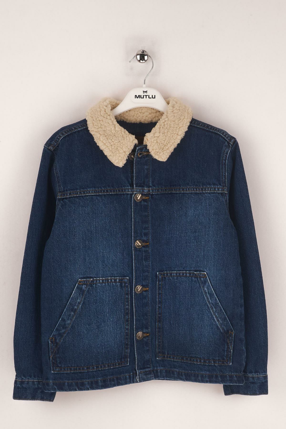 Mutlu Kids Peluş Yakalı Erkek Çocuk Kot Ceket Koyu Mavi - 9 Yaş