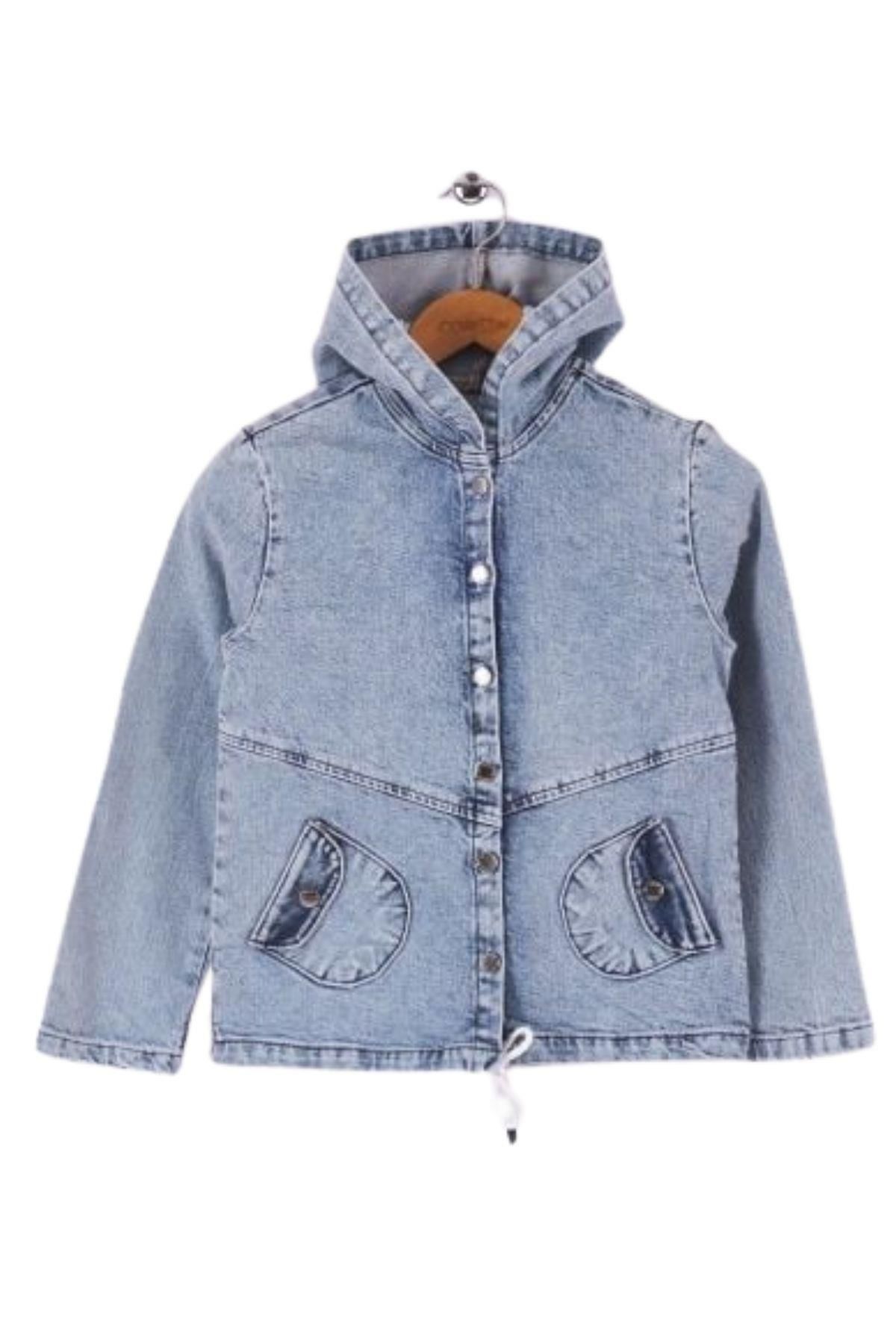 Mutlu Kids Kapüşonlu Kız Çocuk Kot Ceket BUZ MAVİ KAR - 13 Yaş