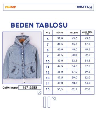 Mutlu Kids Kapüşonlu Kız Çocuk Kot Ceket BUZ MAVİ KAR - 13 Yaş