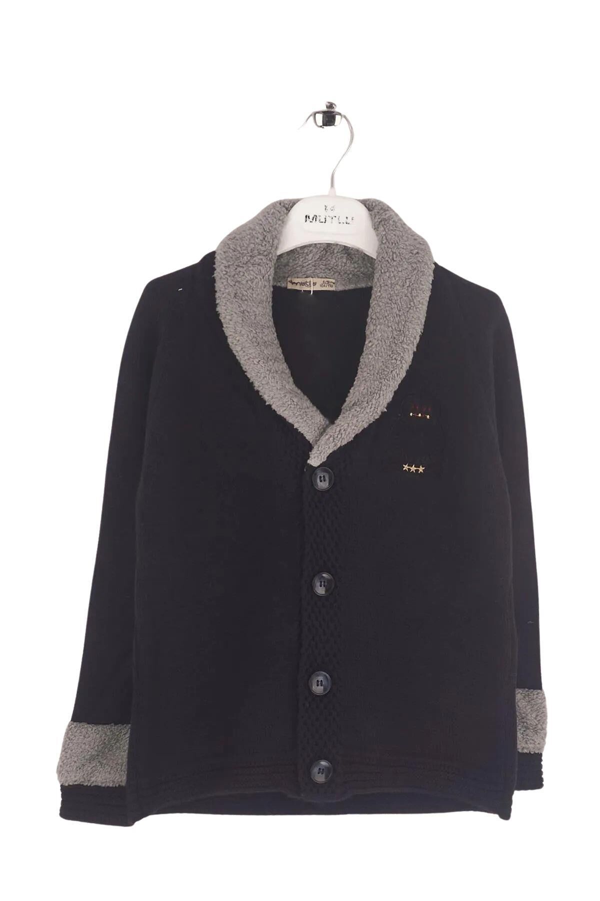 Mutlu Kids Kürk Yakalı Düğmeli Erkek Çocuk Hırka Siyah - 3-4 Yaş