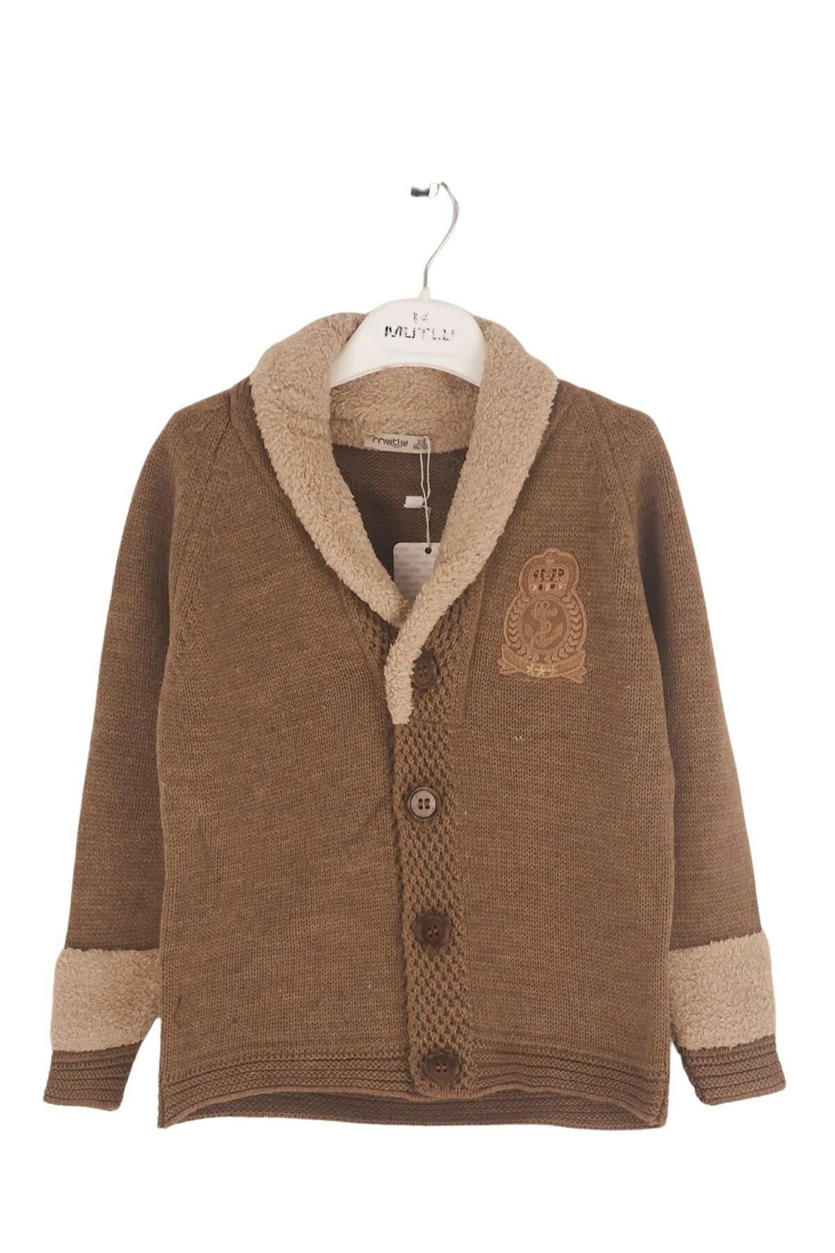 Mutlu Kids Kürk Yakalı Düğmeli Erkek Çocuk Hırka Bej - 2-3 Yaş