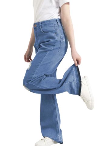 Mutlu Yırtık Detaylı Bol Paça Kız Çocuk Pantolon Açık Mavi - 8 Yaş