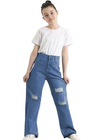 Mutlu Yırtık Detaylı Bol Paça Kız Çocuk Pantolon Açık Mavi - 9 Yaş