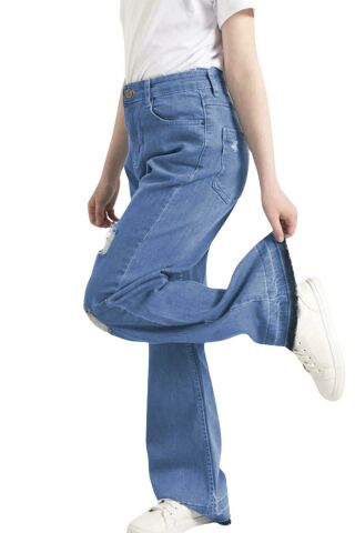 Mutlu Yırtık Detaylı Bol Paça Kız Çocuk Pantolon Açık Mavi - 9 Yaş