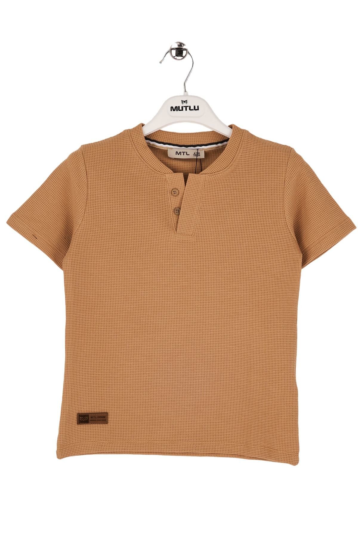 Mutlu Kids Deri Detaylı Erkek Tişört Vizon - 9 Yaş