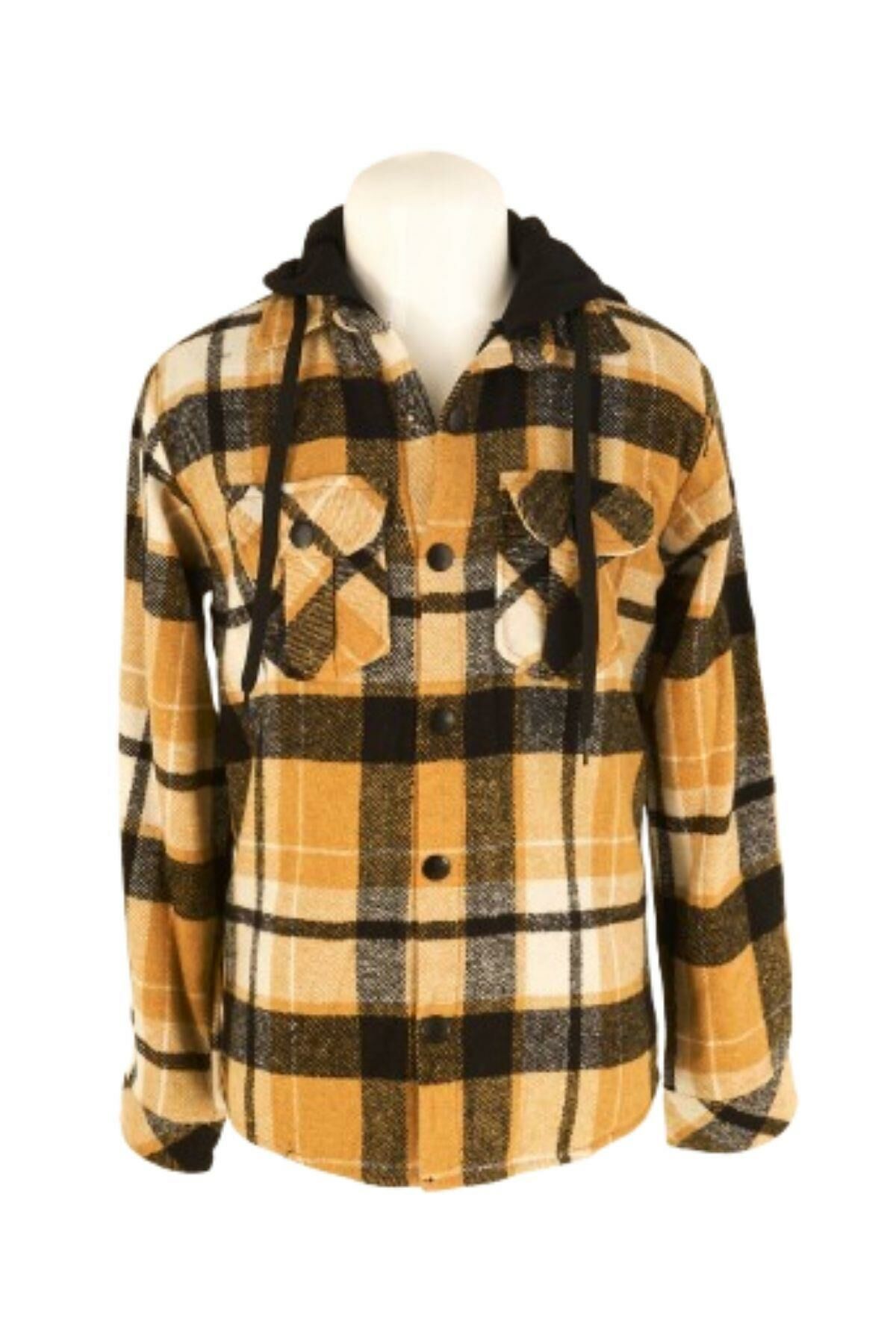 Mutlu Kids Kapüşonlu Kürk Astarlı Ekoseli Kalın Erkek Çocuk Gömlek Hardal - 7 Yaş