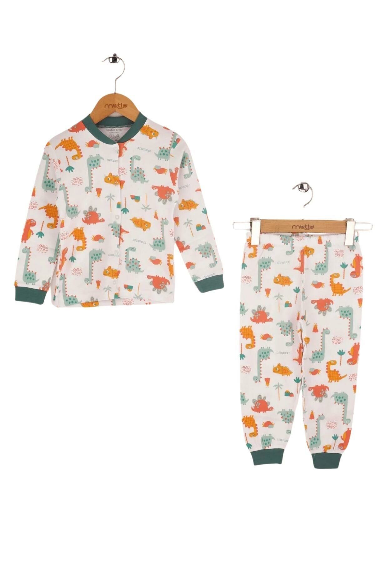 Seçkin Dinazor Desenli Ön Çıtçıtlı Çocuk Pijama Takımı Yeşil - 5 Yaş