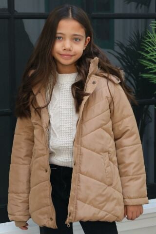 Mutlu Kids Kürk Astarlı Kapüşonlu Kız Çocuk Mont Kaban Vizon - 9 Yaş
