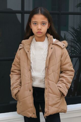 Mutlu Kids Kürk Astarlı Kapüşonlu Kız Çocuk Mont Kaban Vizon - 9 Yaş