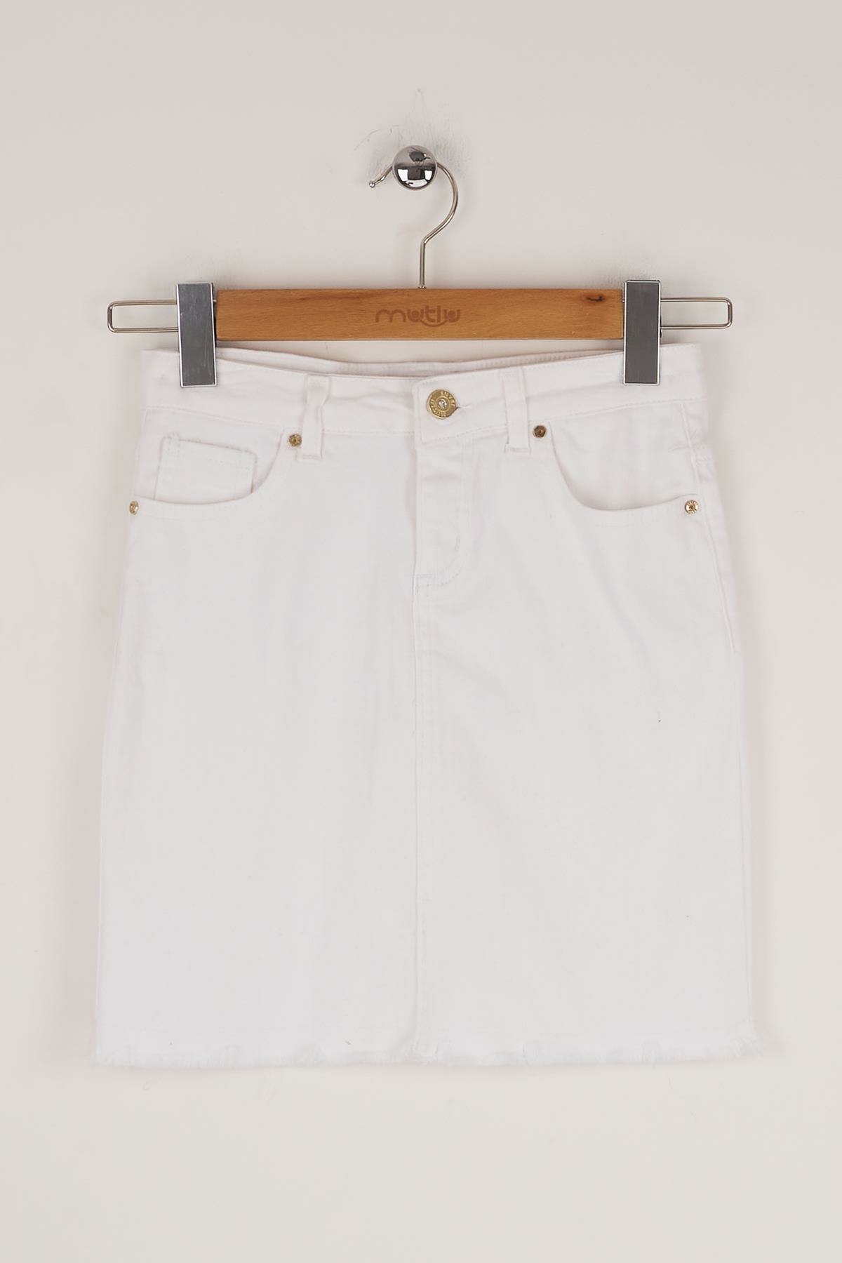 Mutlu Kids Püsküllü Kız Çocuk Kot Etek Beyaz - 9 Yaş