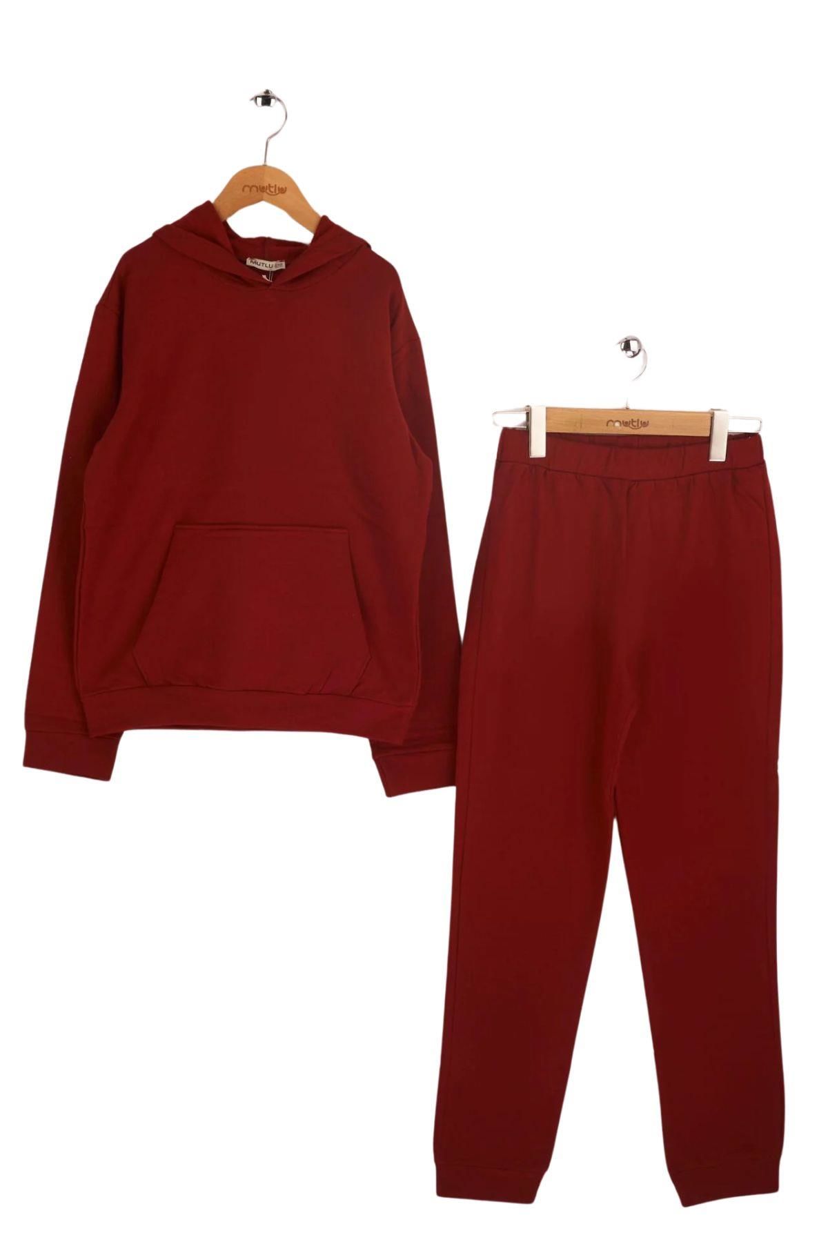 Mutlu Kapüşonlu 2'li Çocuk Sweatshirt Takım Bordo - 11 Yaş