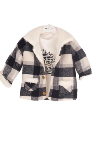 Baray Ekose Peluş Ceketli 3'lü Çocuk Takım Siyah Siyah - 2 Yaş