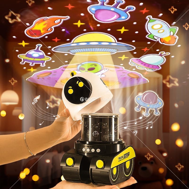 ROBOT Çocuklar hediye taşınabilir şarj edilebilir projektör gece lambası 360 derece döner BT hoparlör başucu romantik müzik uyku projeksiyon lambası(Kopya)