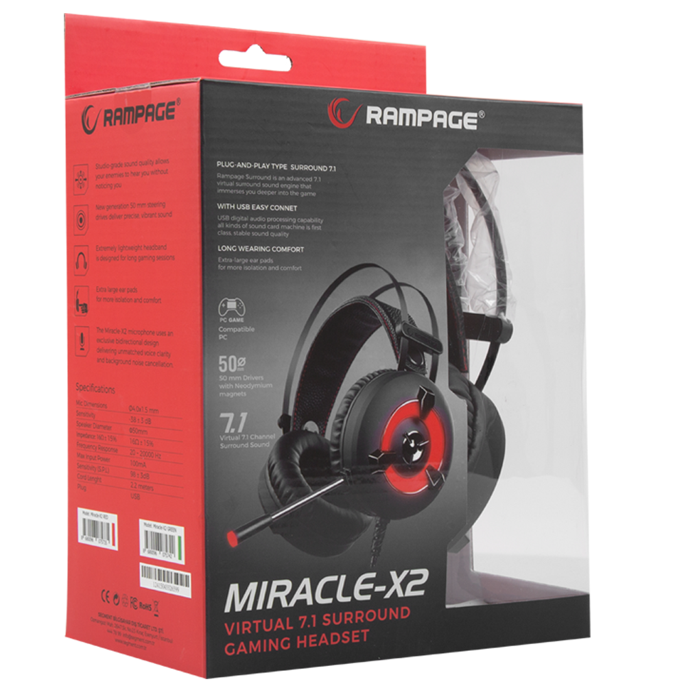 Rampage Miracle-X2 Kırmızı Led 7.1 Surround Sound System Mikrofonlu Oyuncu Kulaklığı