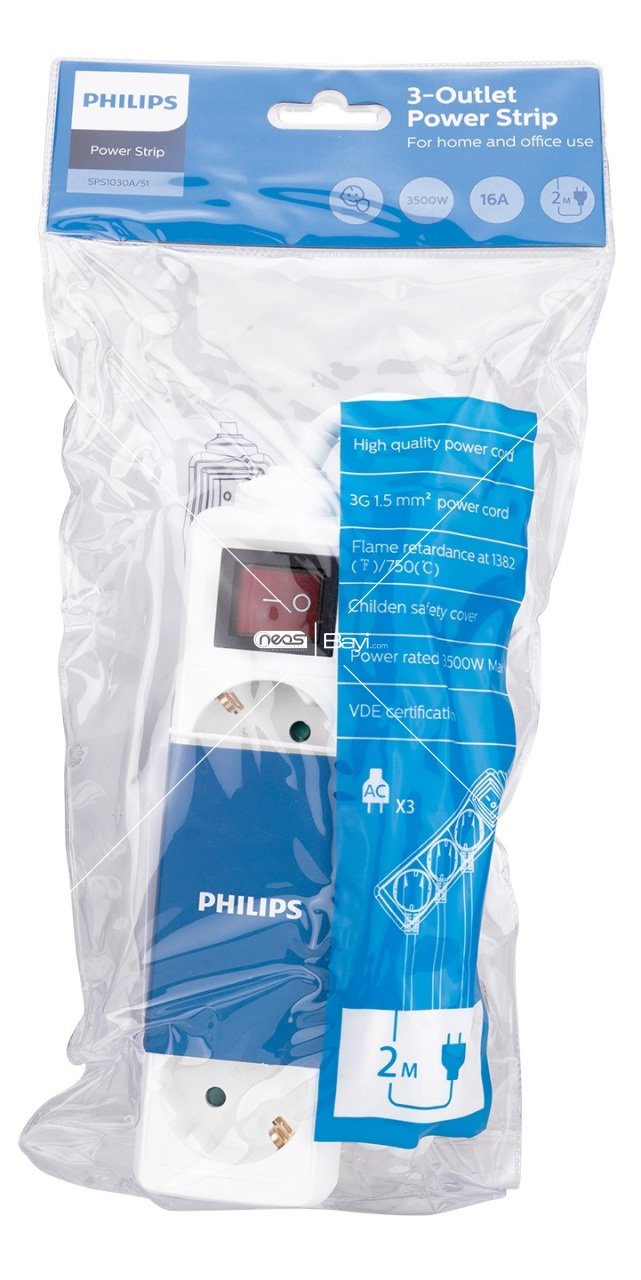 Philips SPS1030A/51 2m Tam Bakır Kablolu 3lü Çocuk Korumalı Beyaz Priz Çoklayıcı