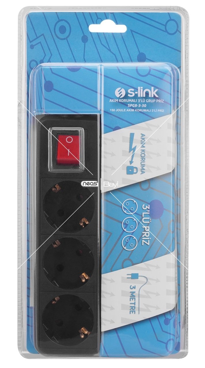 S-link SPG8-3-30 3m 3Lü Akım Kor.Kutu Siyah Priz