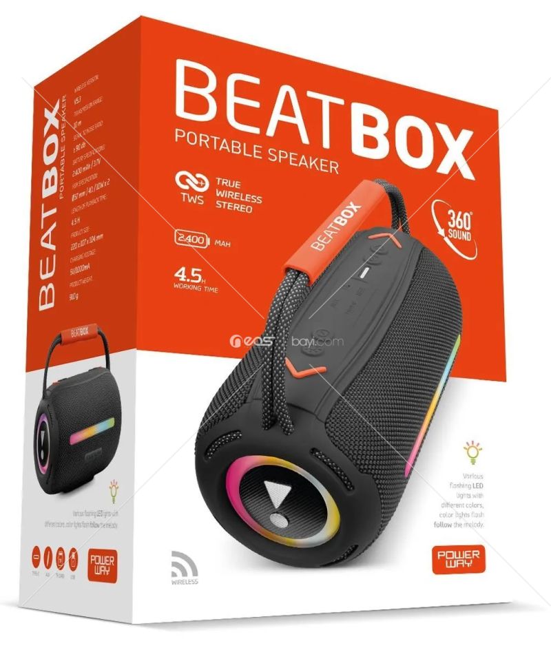 Powerway BeatBox Siyah Led Işıklı Dayanıklı Ses Bombası Usb Sd Aux FM Radyo Bluetooh Hoparlör