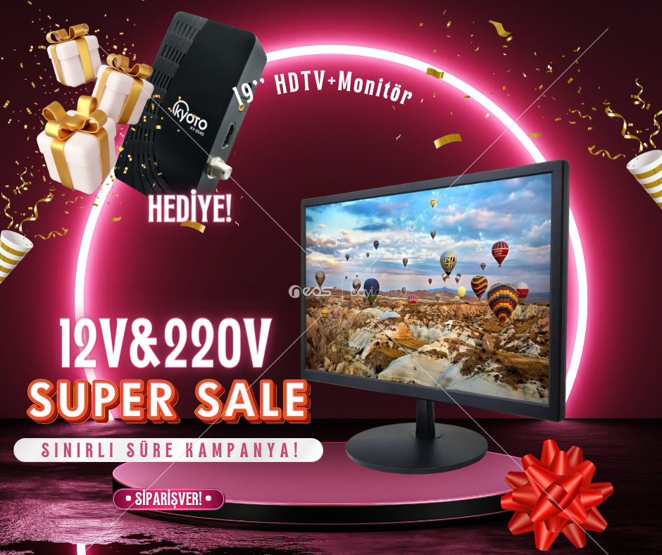 KYOTO 19'' TV&Monitör 12V ve 220V İle Çalışabilen Süper Kumandalı UYDU HEDİYELİ