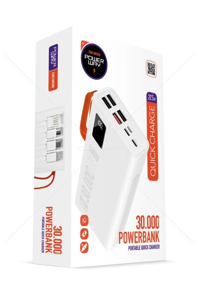 Powerway Qc30s 30.000 Mah Powerbank Pd 22.5W Dahili Kablolu Hızlı Şarj Led Fener Gerçek 30.000 Mah Garantili Powerbank