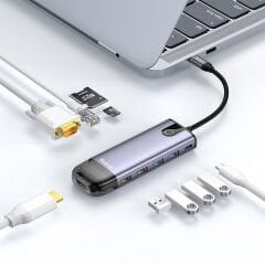 HU-7420 10 in 1 Type-c Gigabit LAN + HDMI + Macbook + VGA Çoklayıcı Adaptör