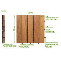 SUNSOE İroko Ağacı Balkon Bahçe Ahşap Yer Döşemesi Karo Deck 30x30 cm – 1 Adet (0,09m2)