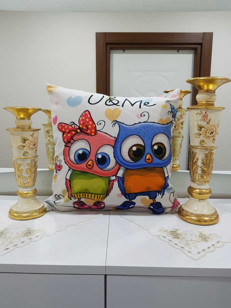 Mavi Ve Pembe Baykuş Desenli Dekoratif Kırlent Kılıfı