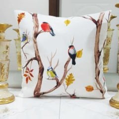 Renkli & Beyaz Kuş Ve Sonbahar Desenli Dekoratif Kırlent Kılıfı