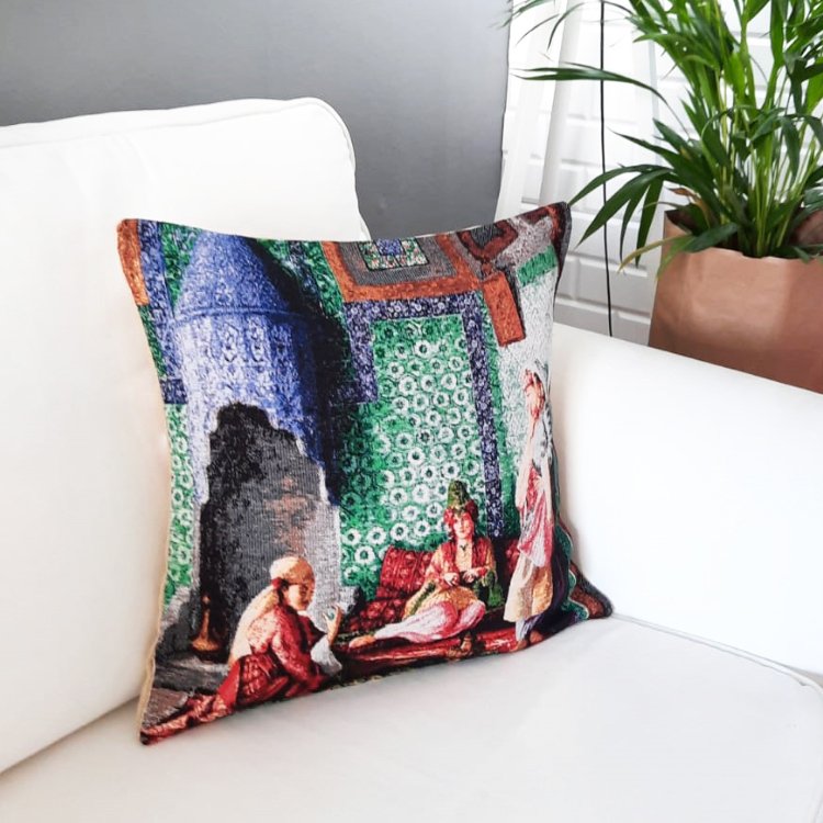 Goblen Dokuma Kırlent Kılıfı Osmanlı Tablosu 43x43cm