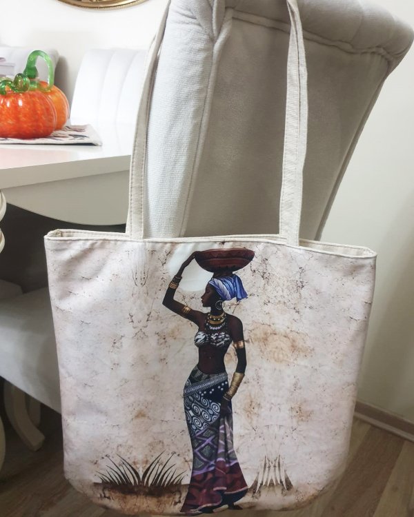 Afrikalı Kadın Baskılı Kumaş Heybe Çanta