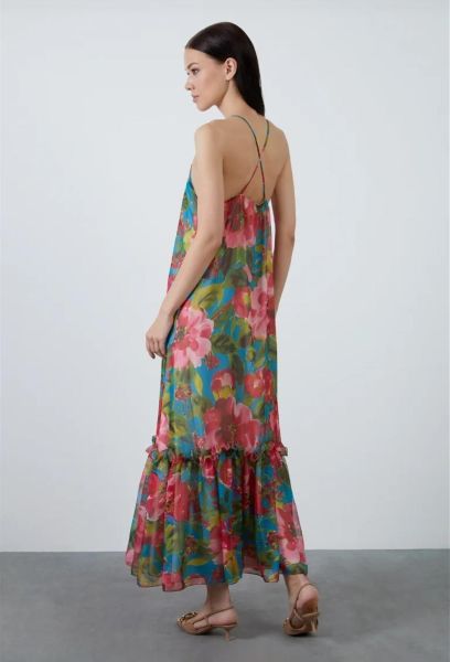 Çapraz Sırt Detaylı Eteği Fırfırlı Desenli Şifon Elbise