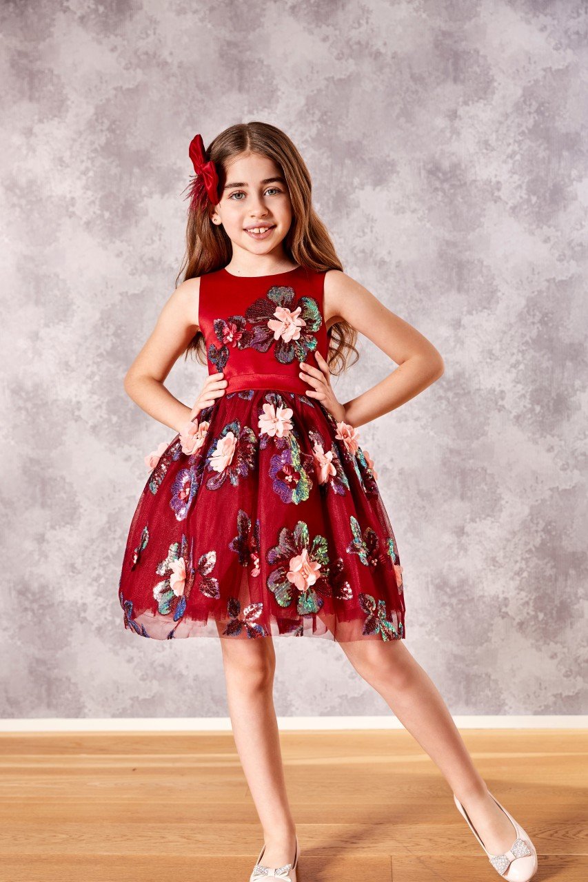 Deep Red Dress with Flowers