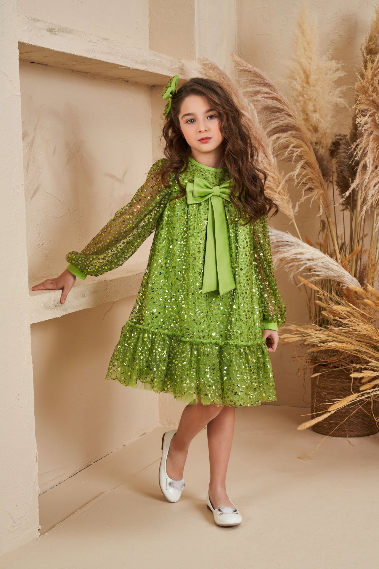 Girl Baby Sequin Dress With Hair Accessory Green Color