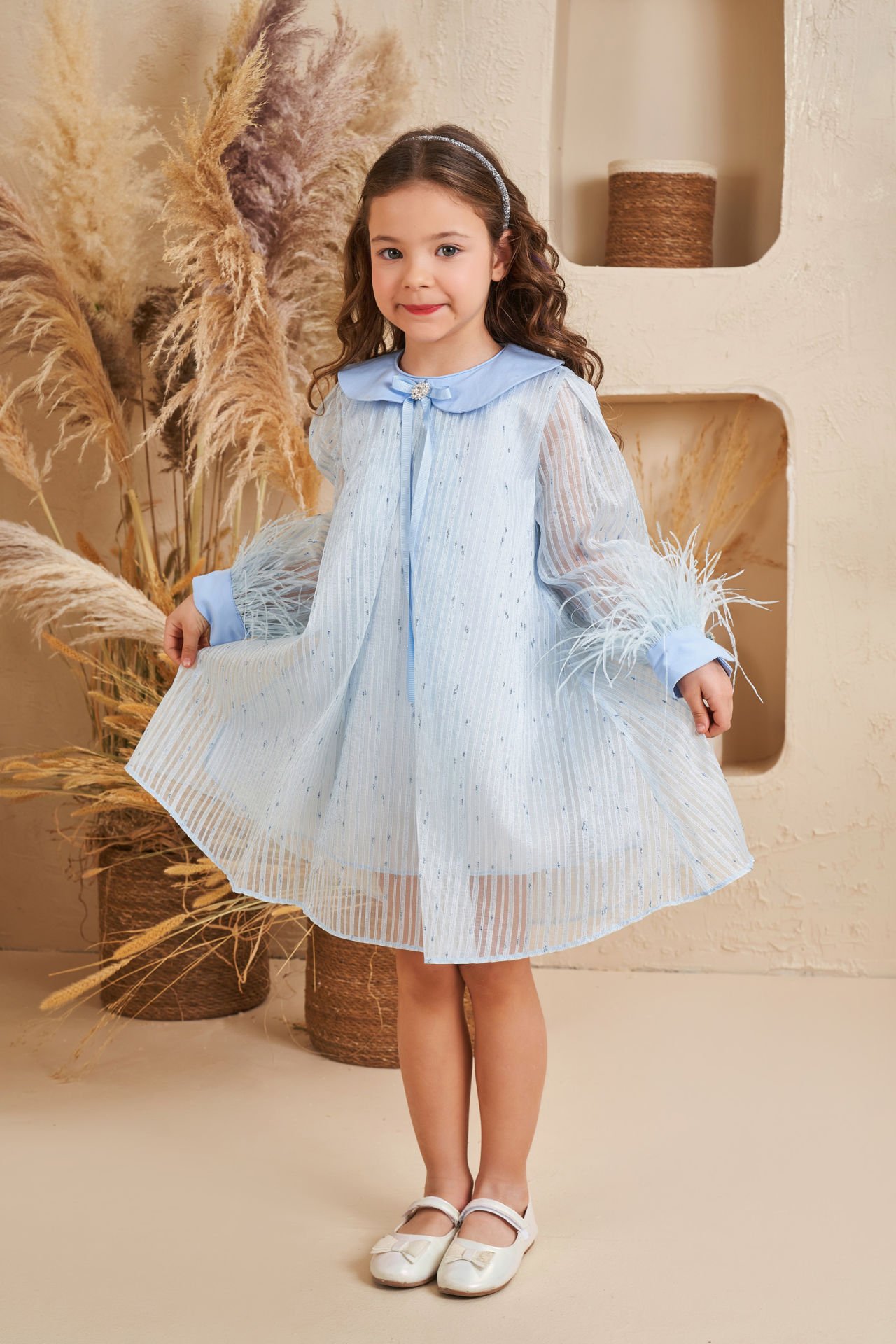 Light Party Dress With Hair Accessory Blue Color