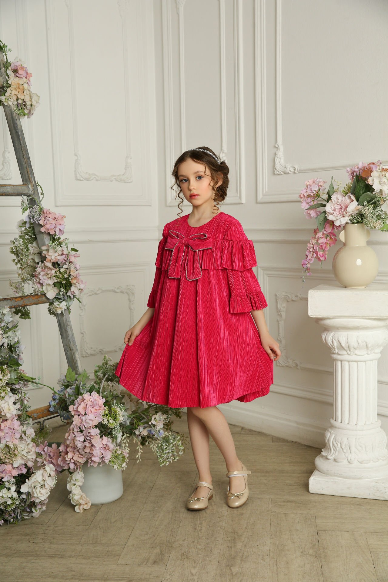 Light Party Dress With Hair Accessory Fuchsia Color