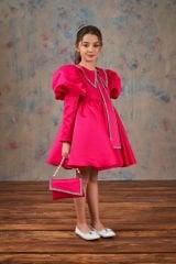 Satin Party Dress With Hair Accessory Fuchsia Color
