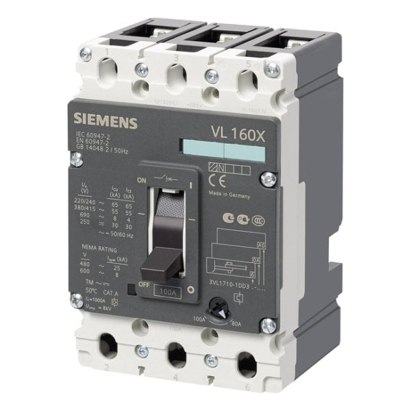 Siemens VL160X Kompakt Tip Termik Manyetik Güç Şalteri 3VL17 55kA Ayarlı Termik 63-80A 3 Kutuplu